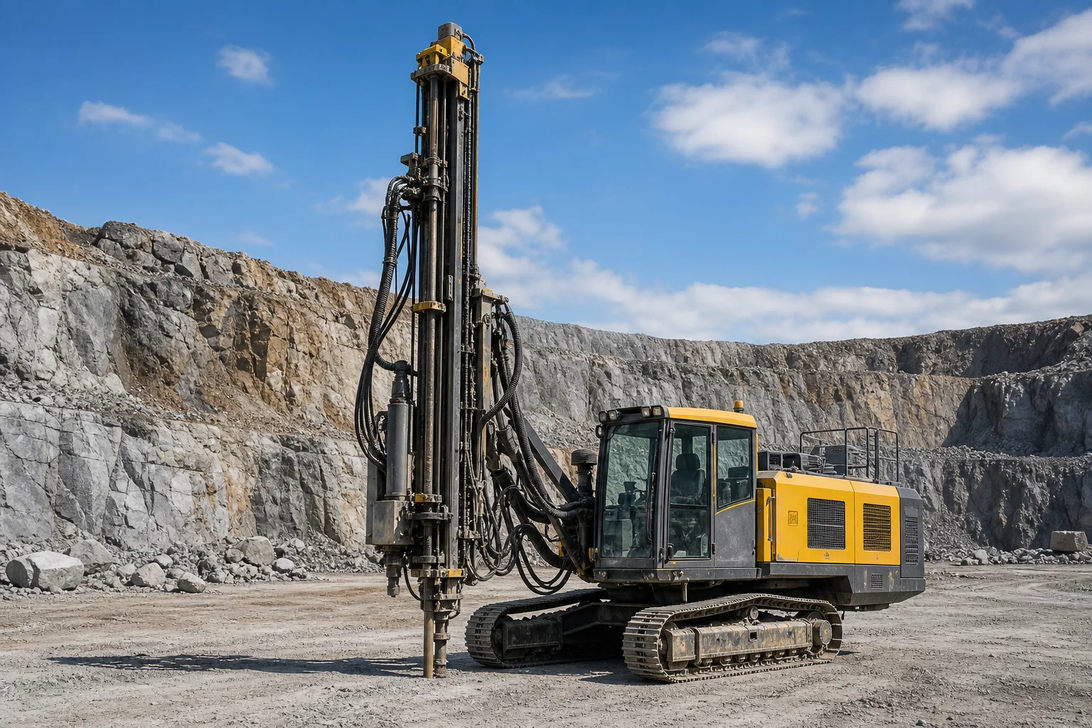 Crawler-mounted quarry drilling rig with vertical mast