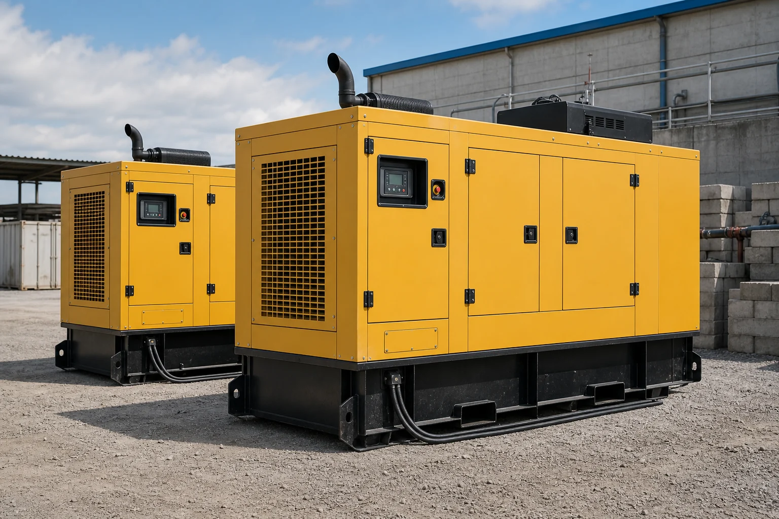 Industrial enclosed diesel generator sets in a service yard