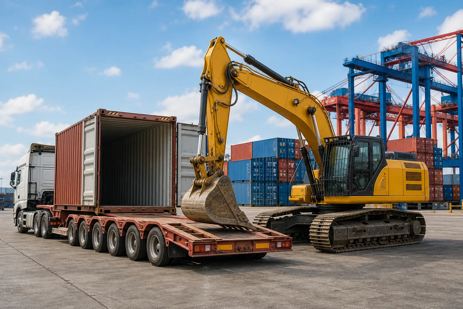 Heavy equipment prepared for import and export logistics