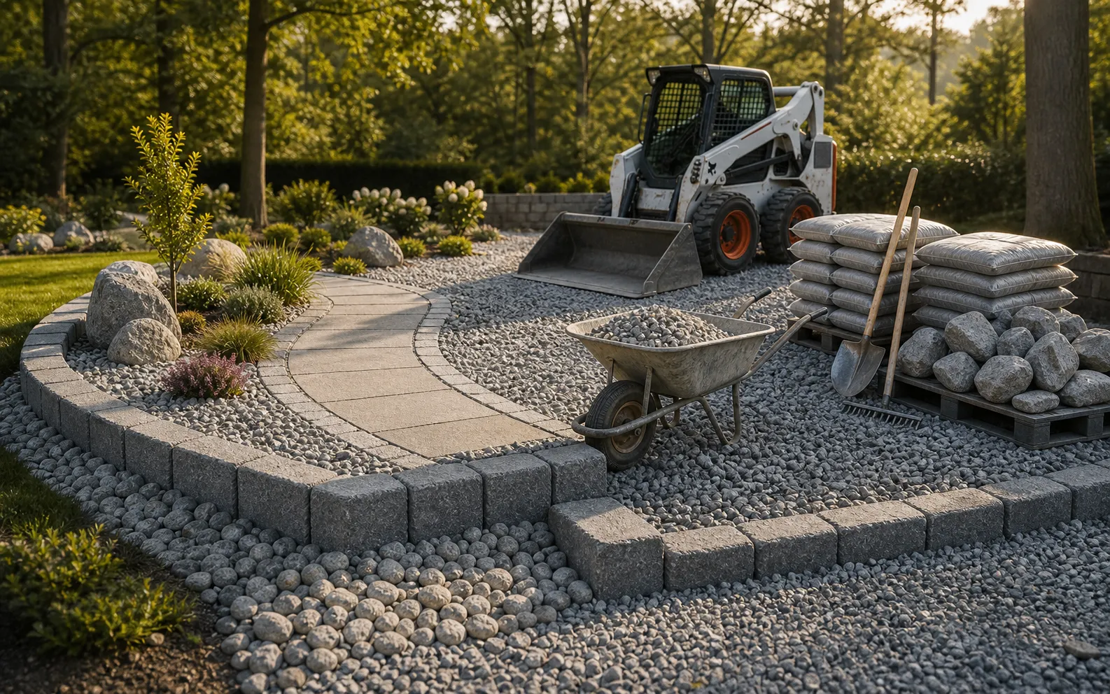 Landscaped outdoor site with granite chippings, stone walkway, loader, tools, and garden materials