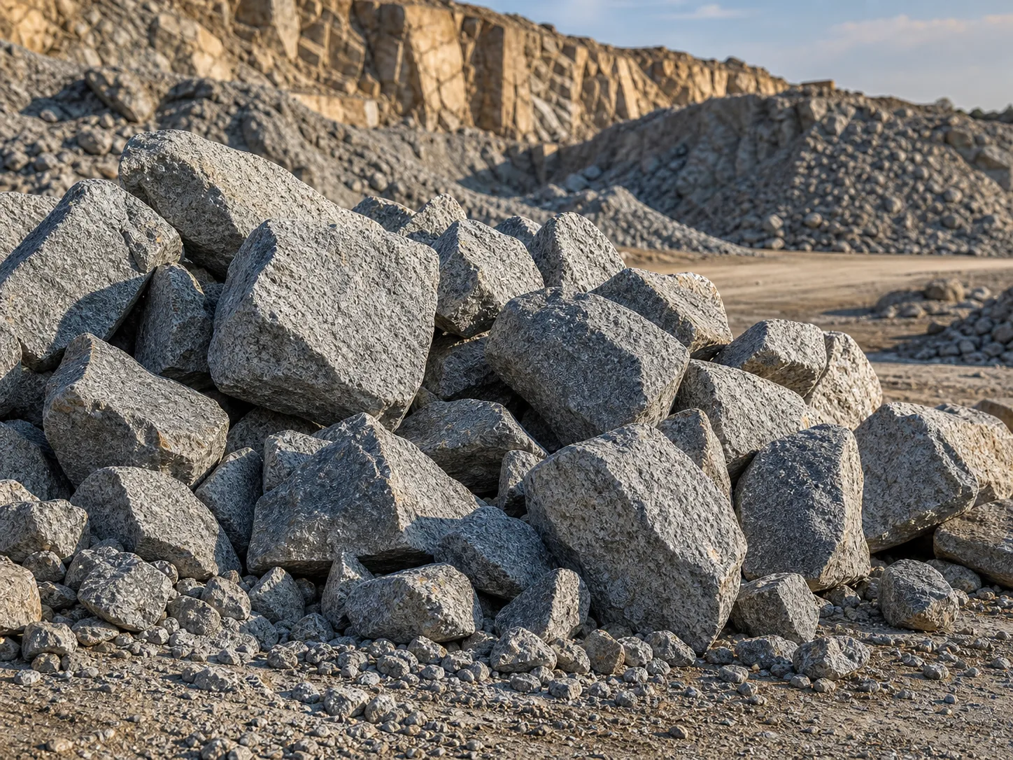 Large hardcore stones piled at a quarry