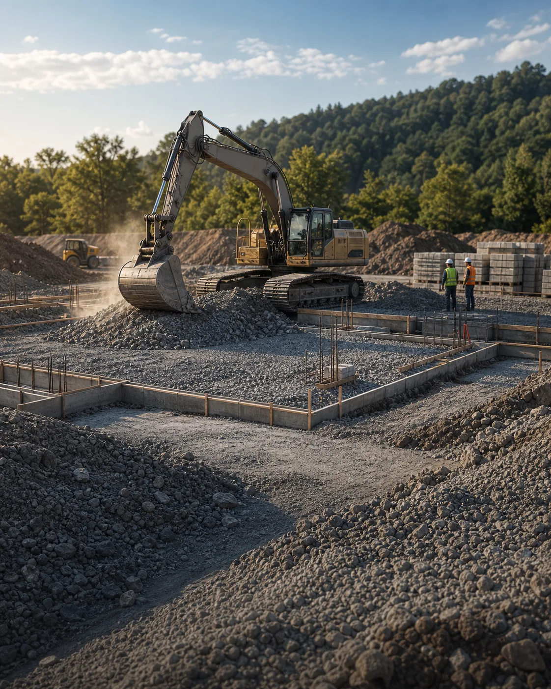 Construction site preparing groundwork and infrastructure