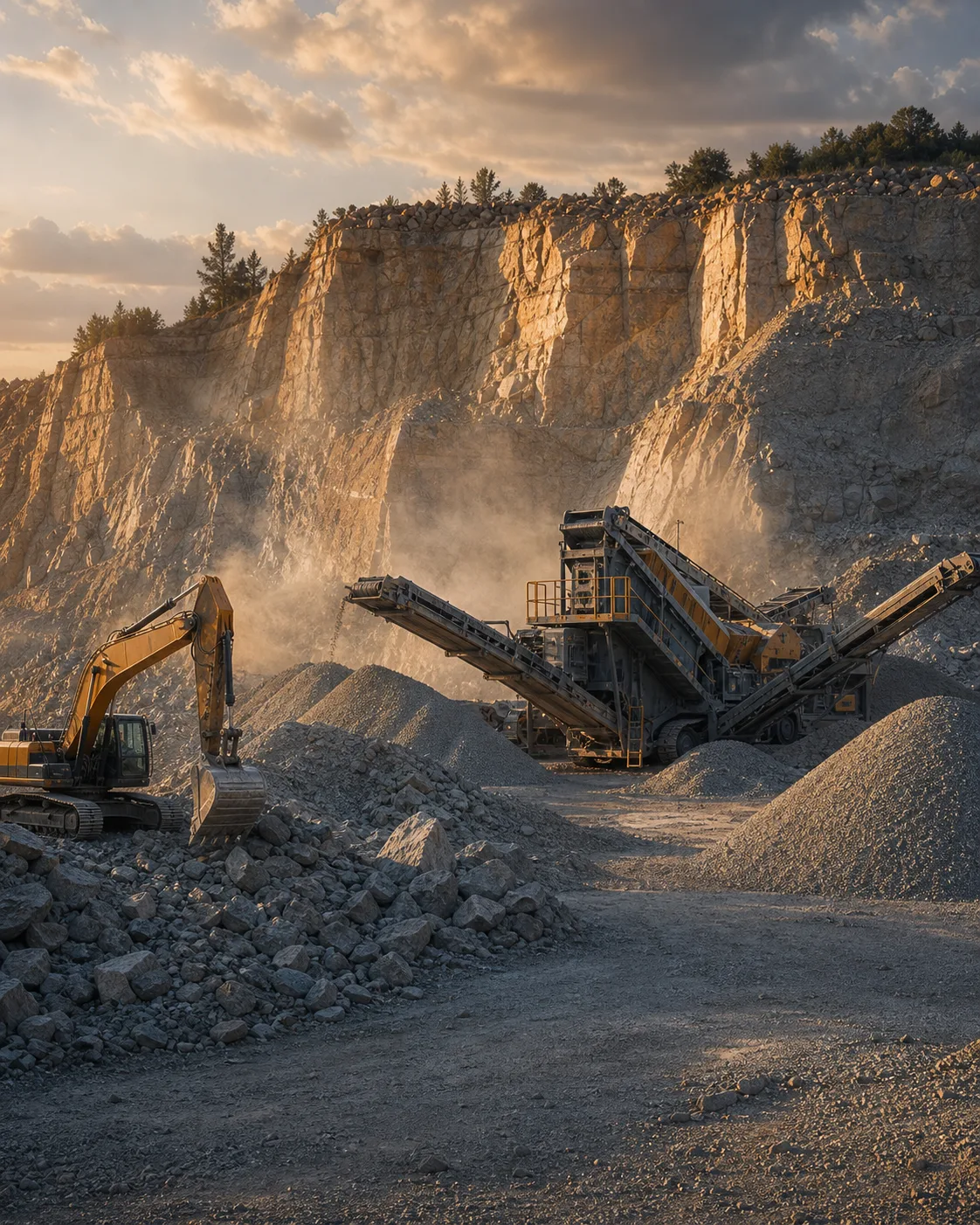 Granite quarry face with excavator, crusher, conveyors, and aggregate piles